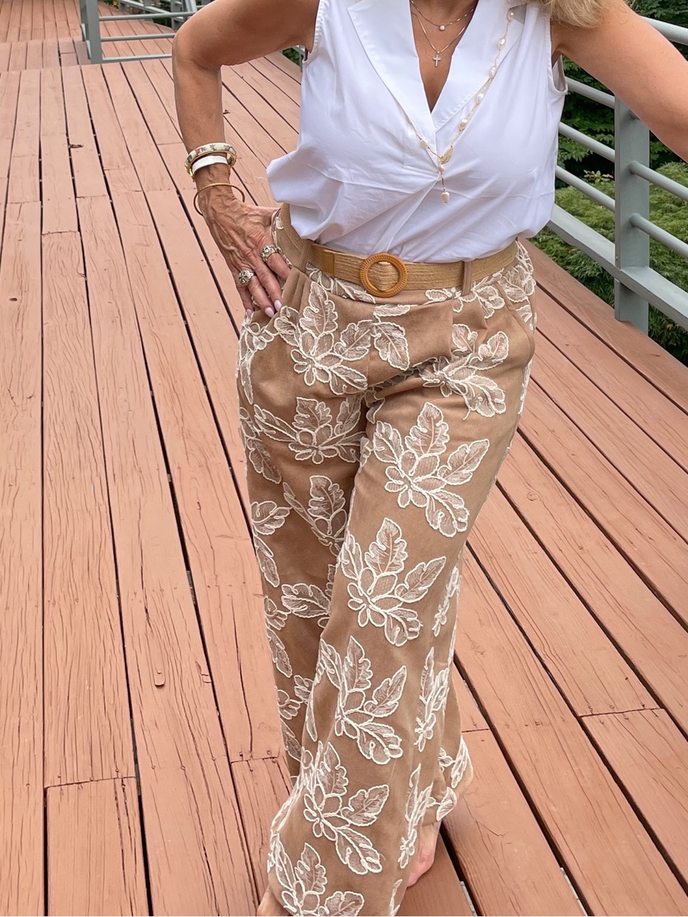 Women’s Embroidered Tan Wide-Leg Pants